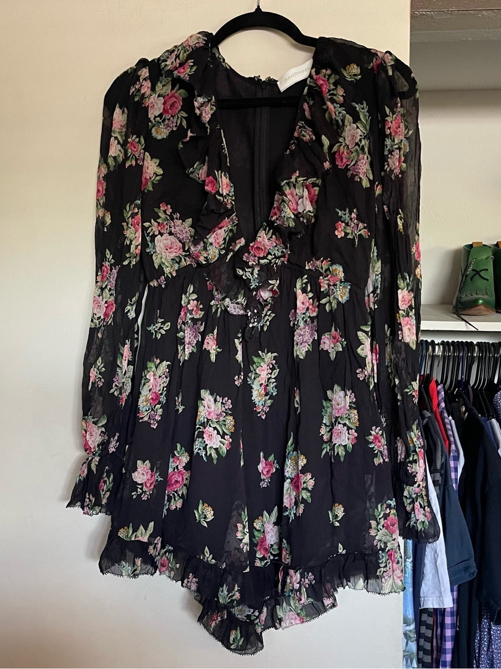 ZIMMERMANN Honour Floating Silk Black Floral Ruffle Playsuit sz 2 = sz 8 US